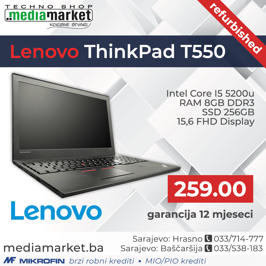 LAPTOP LENOVO T550 CORE I5 5200U/8GB DDR3/SSD 256GB/ 15,6" FHD