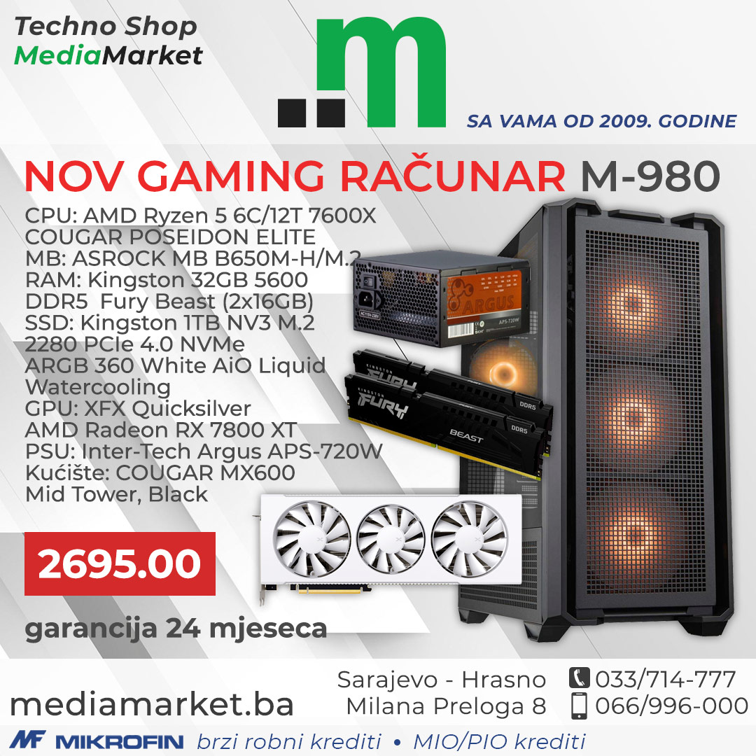 GAMING RAČUNAR RYZEN 5 7600X, 32GB DDR5, RX 7800XT