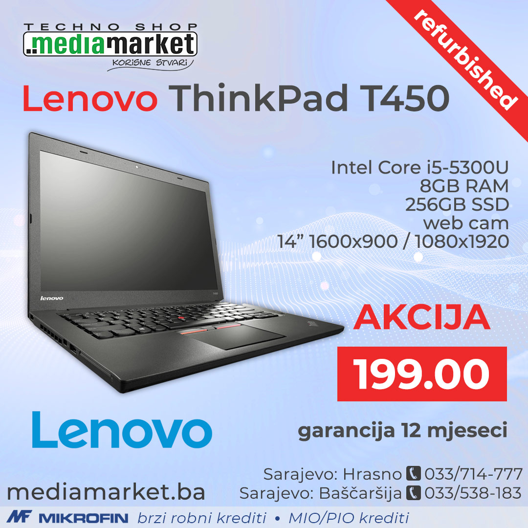 LAPTOP LENOVO T450 CORE I5 5300U/8GB/SSD 250GB/14"