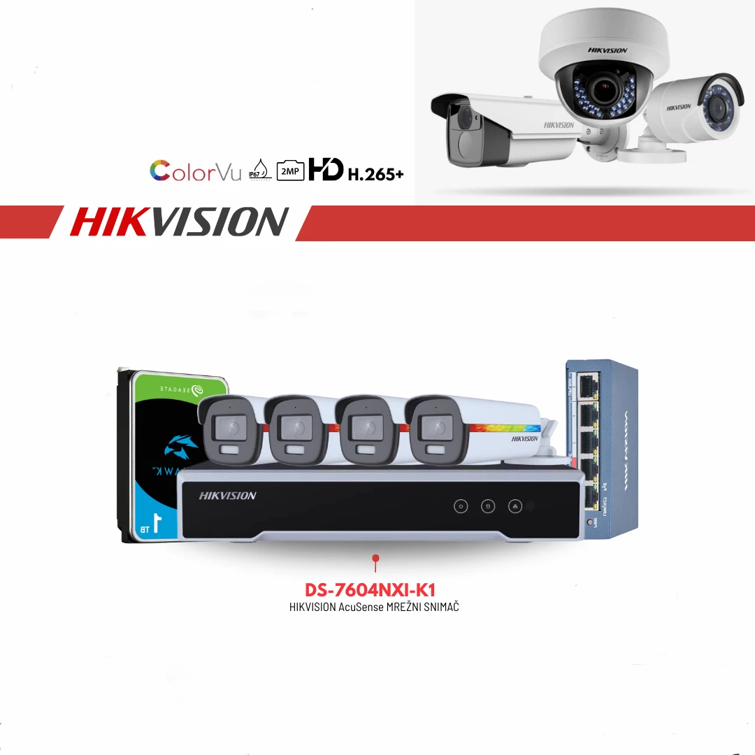 SET HIKVISION 4 X KAMERE DS-2CD1IT27G0-L 4MM, SNIMAC DS-7604NXI-K1, 4 PORT PoE SWITCH DS-3E0105P-E/M ,1 X HDD 1TB