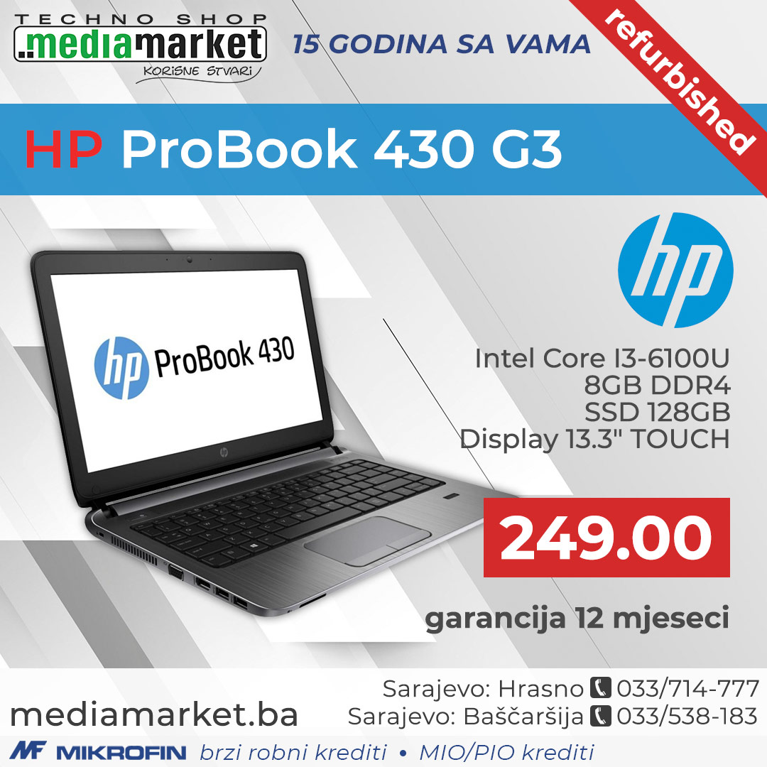 LAPTOP HP PROBOOK 430 G3, I3-6100U 8GB 128GB 13.3" 
