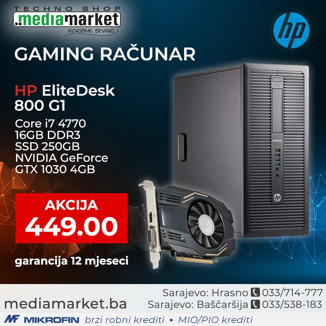 GAMING RACUNAR HP 800 G1 CORE I7 4770 16GB DDR3 SSD 256GB NVIDIA GEFORCE GTX 1030 4GB