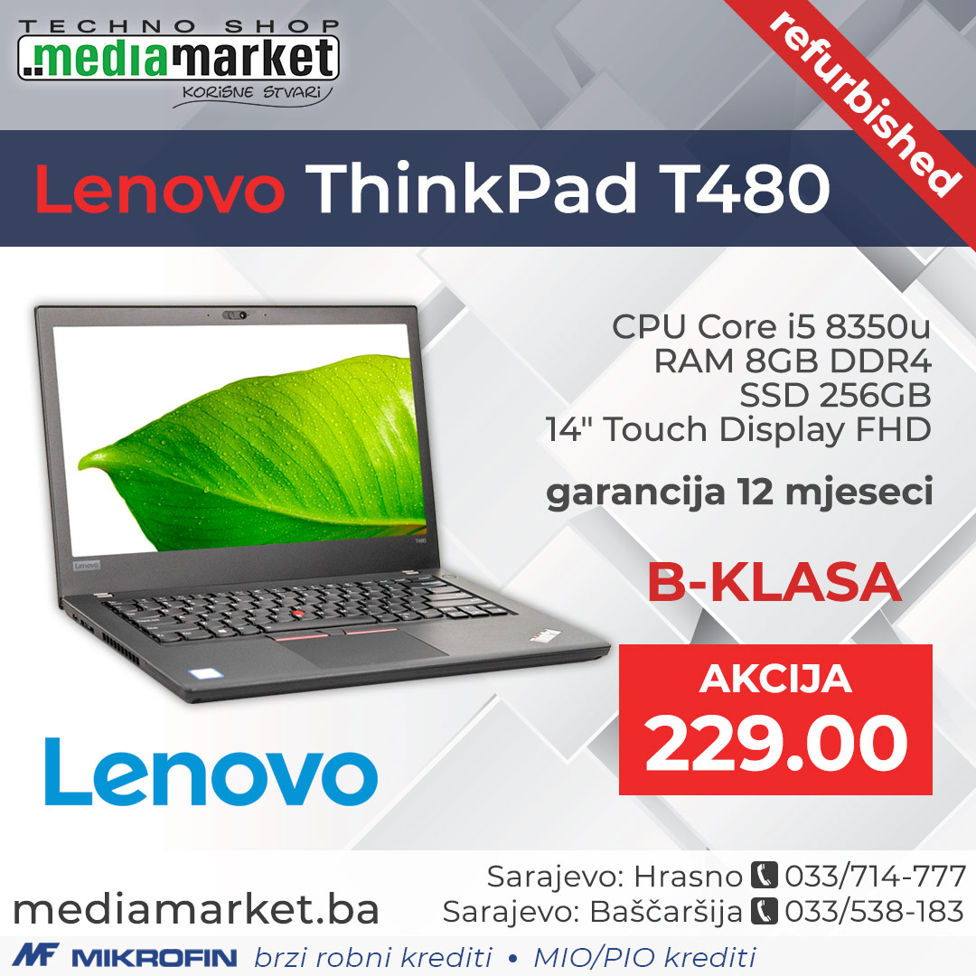 LAPTOP LENOVO T480 CORE I5 8350/8GB DDR4/SSD 256GB/14" TOUCH/B KLASE