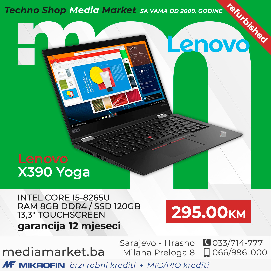 LENOVO X390 INTEL CORE I5-8265U 8GB DDR4 SSD 120GB 13,3" TOUCHSCREEN (REFURBISHED)