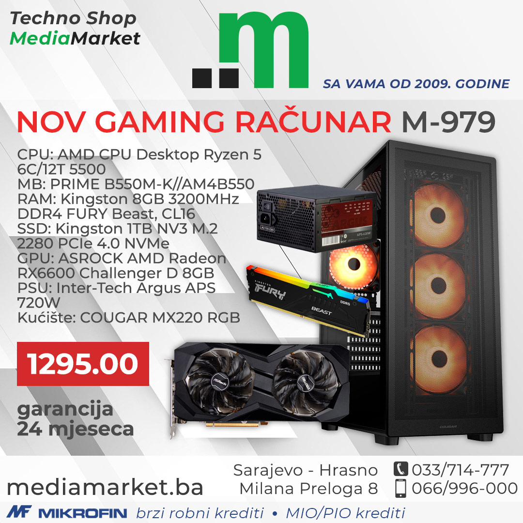 GAMING RAČUNAR RYZEN 5 5500, 16GB DDR4, RX6600 8G, 1TB SSD