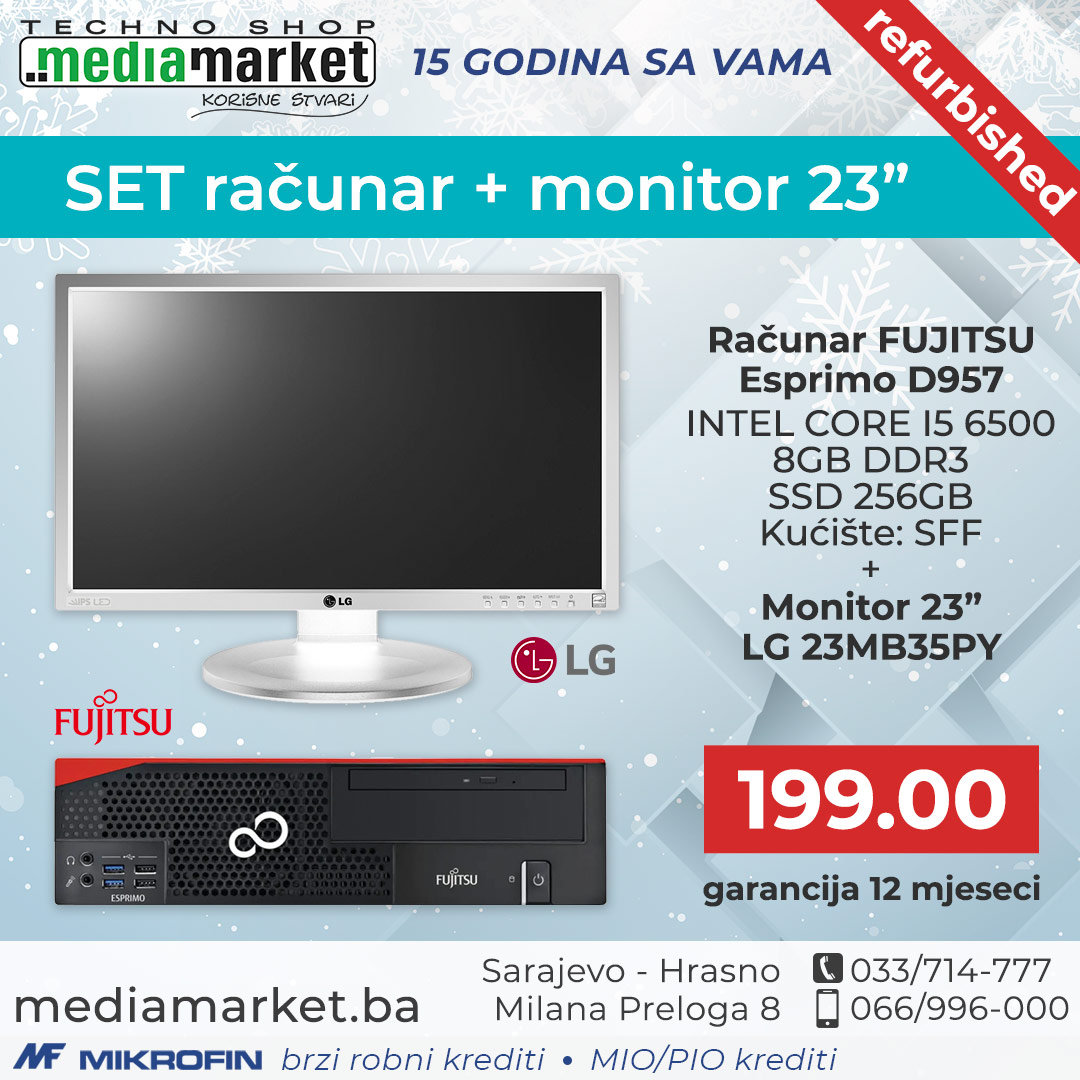 SET RACUNAR + MONITOR FSC D957, INTEL CORE I5 6500, 8GB DDR3, SSD 256GB, SFF + Monitor 23"LG 23MB35PY