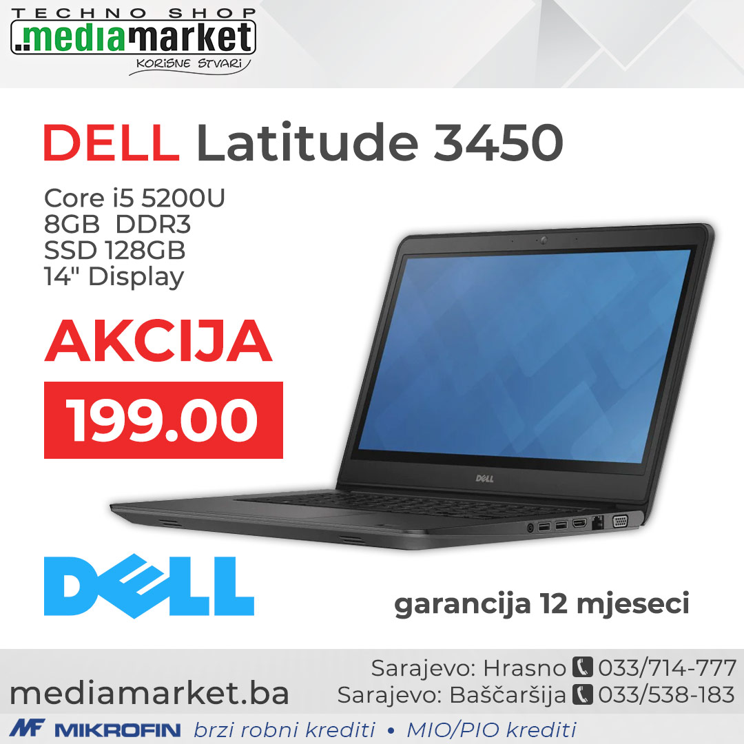LAPTOP DELL 3450 CORE I5 5200U/8GB DDR3/SSD 128GB/14" 