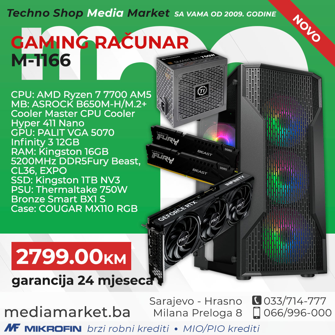 GAMING RAČUNAR RYZEN 7 7700, 32GB DDR5, RTX 5070 12GB, 1TB SSD
