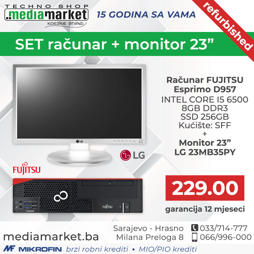 SET RACUNAR + MONITOR FSC D957, INTEL CORE I5 6500, 8GB DDR3, SSD 256GB, SFF + Monitor 23"LG 23MB35PY