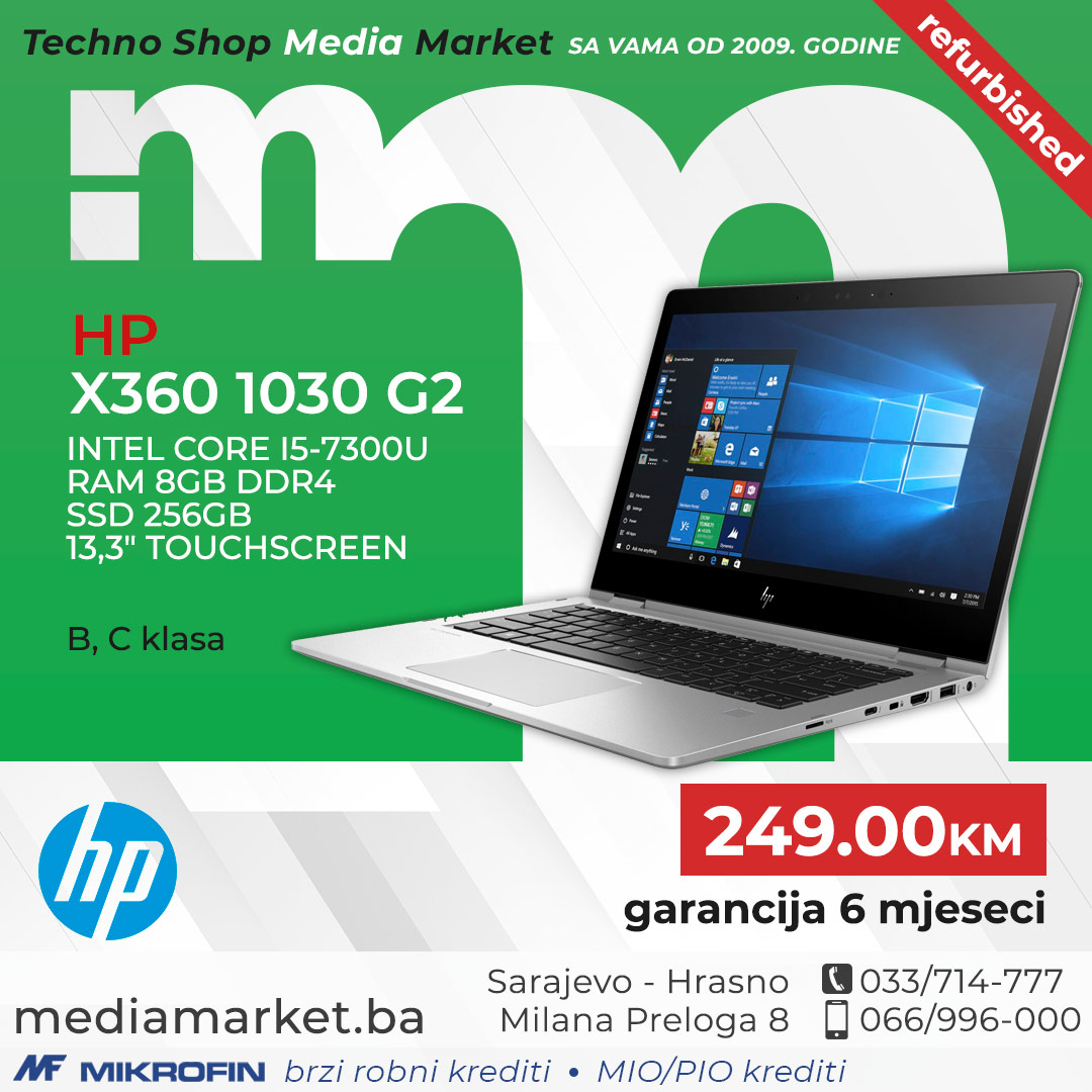 LAPTOP HP X360 1030 G2 INTEL CORE I5-7300U 8GB DDR4 SSD 256GB 13,3" TOUCH B, C KLASA 