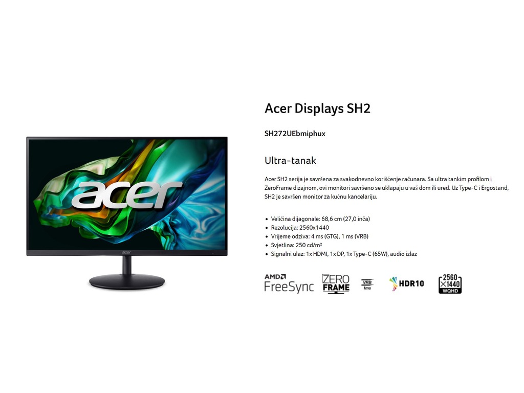 Acer 27" SH272U QHD 100Hz 1msIPS,250cd,100Hz,HDMIx2,DP,SPK,Type-C(65W),Tilt-5~ 25, Swivel 360,HA