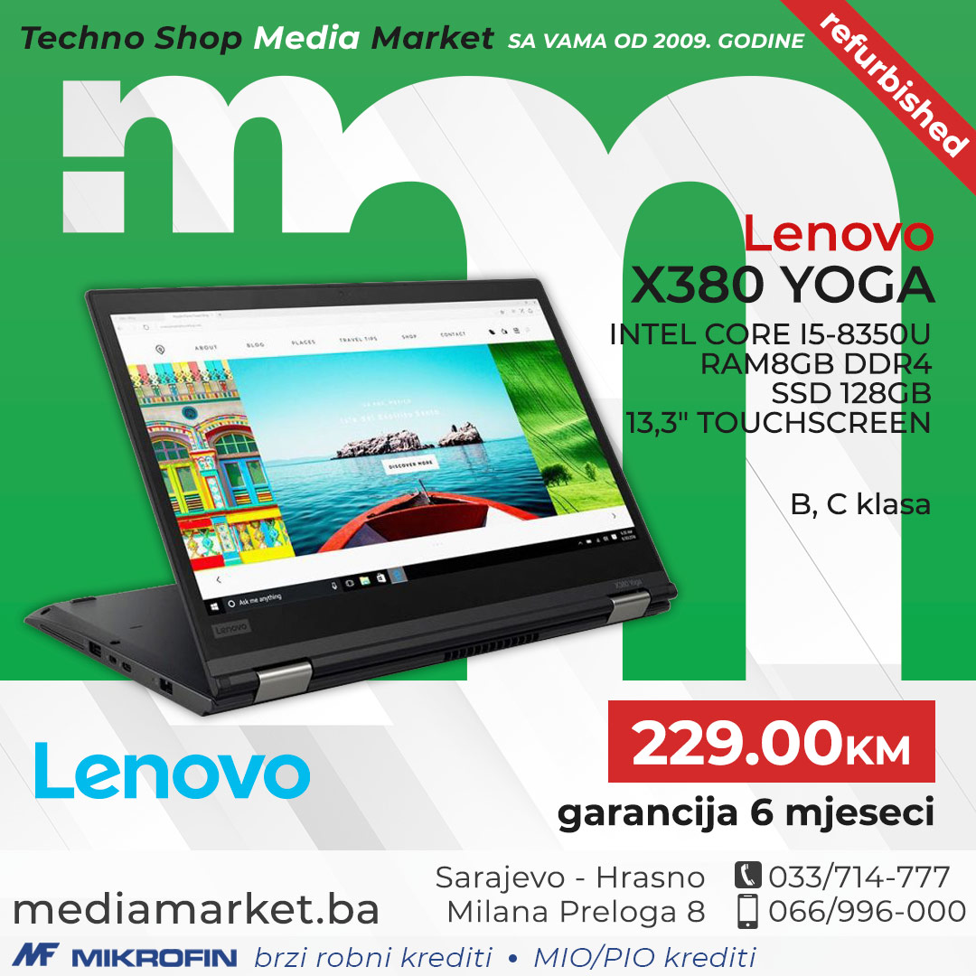 LAPTOP LENOVO YOGA X380 INTEL CORE I5-8350U 8GB DDR4 SSD 128GB 13,3" TOUCHSCREEN B, C KLASA
