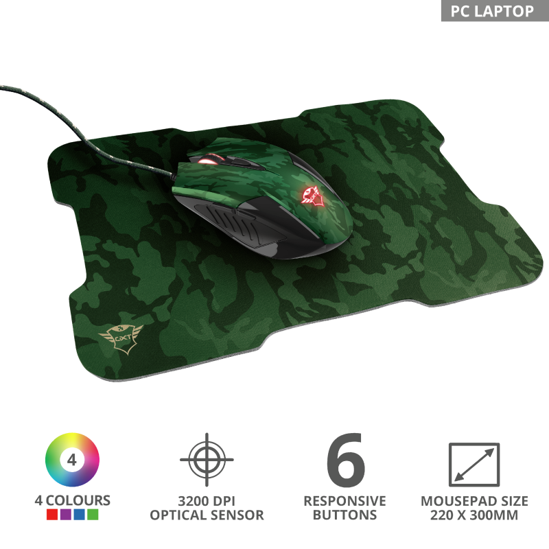 GXT781 Rixa Camo mouse & pad-3200DPI-6responsive buttons-led illumination-mouse pad-green camo