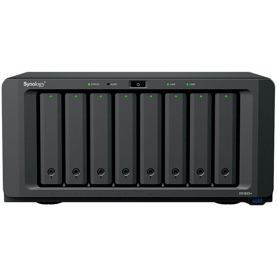 Synology DiskStation DS1825+, Tower, 8-BAY 3.5'' SATA HDD/SSD, 2xM.2 2280 NVMe SSD, CPU AMD Ryzen Quad-Core 2.2 GHz, 8GB DDR4, 2xRJ-45 2.5GbE LAN Port, 3xUSB 3.2, 2 x USB-C expansion ports (Expandabl