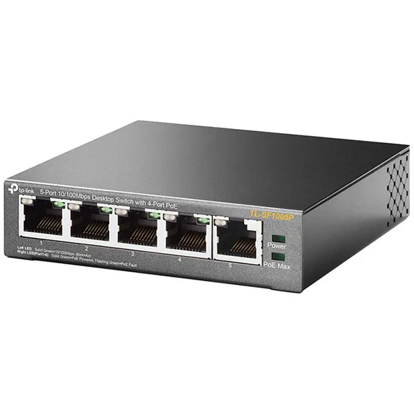 TP-Link TL-SF1005P 5-Port 10/100Mbps Desktop Switch with 4-Port PoE+, 5 x 10/100Mbps RJ45 ports including 4 PoE+ ports, 67W PoE Power supply, steel case, Plug and Play, with PoE Transmission for Surve