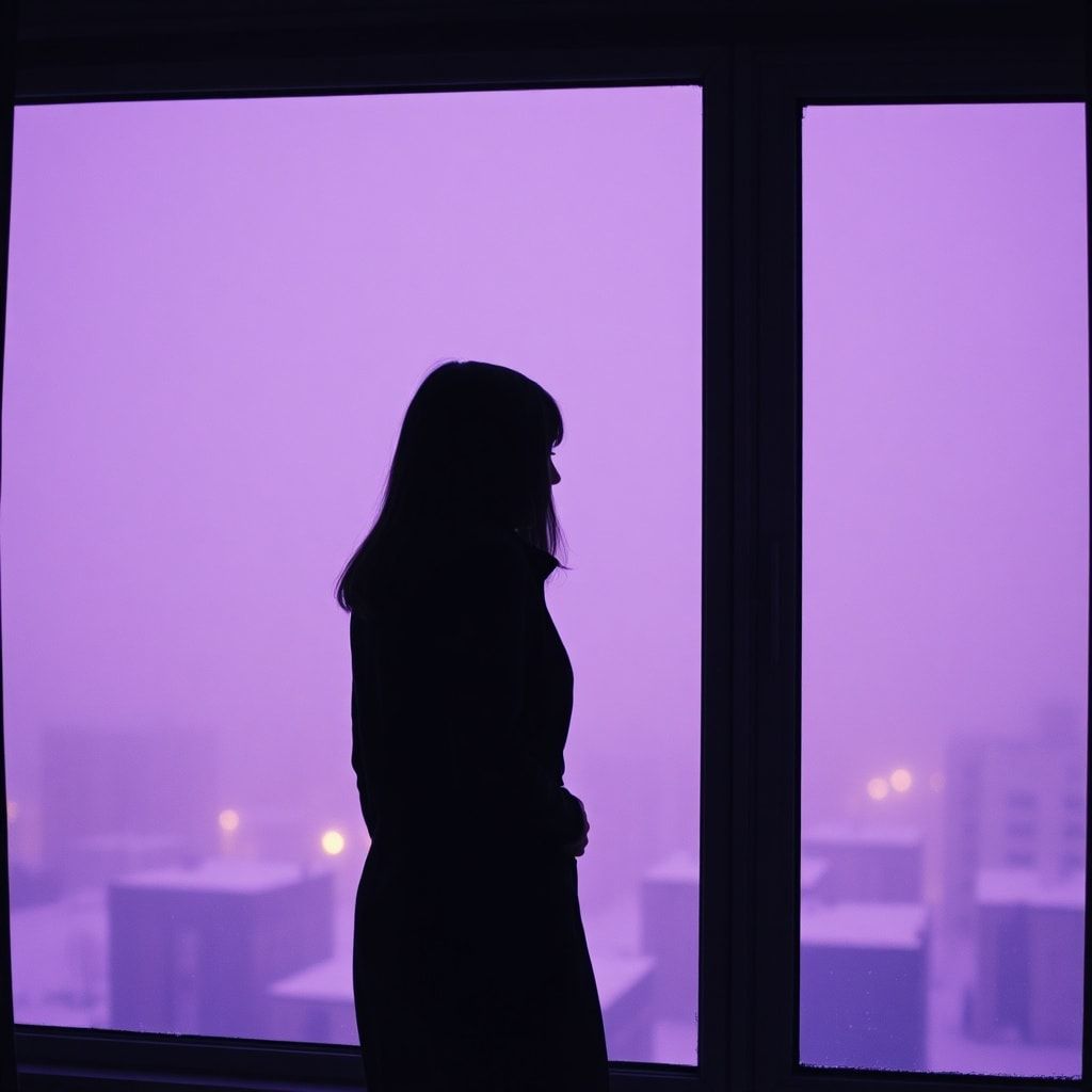 A girl stands inside a quiet room, facing away, looking out through a window. Outside, a foggy February winter unfolds — light snowfall drifts slowly through the air, and the sky glows with soft violet and muted purple tones. The city beyond the glass feels distant and blurred by mist. Cold winter light enters the room gently, casting subtle shadows. The atmosphere is calm, introspective, and emotional, capturing a moment of stillness and inner change. Cinematic composition, soft diffused lighting, shallow depth of field, cool color palette with violet accents, misty winter mood, realistic textures, gentle film grain, intimate and poetic atmosphere, like a scene from a quiet winter film.