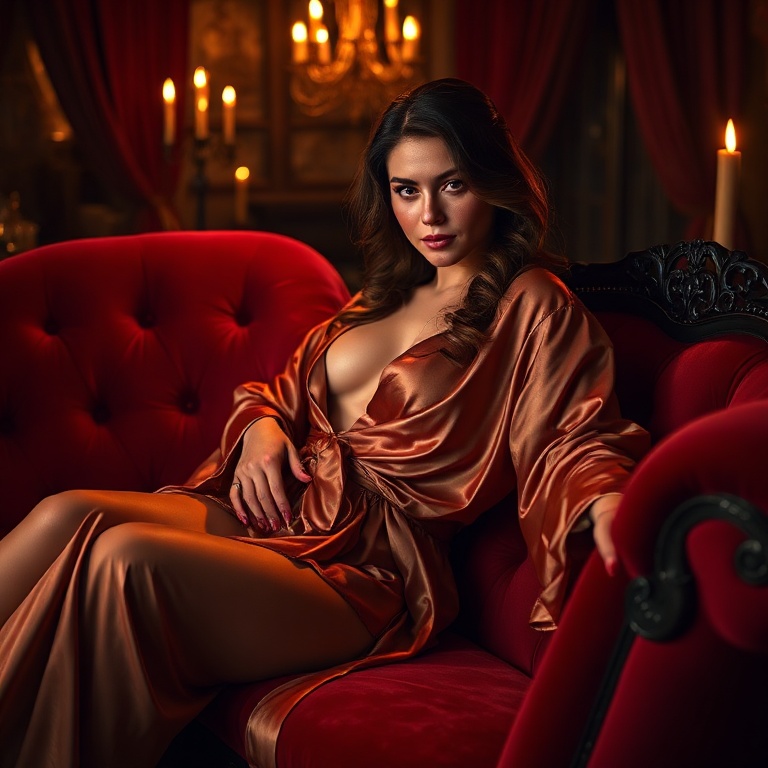 A sultry young woman lounges on a velvet chaise in a dimly lit, opulent boudoir, her silk robe barely clinging to her curves as she smirks at the camera, golden candlelight flickering across her sk...