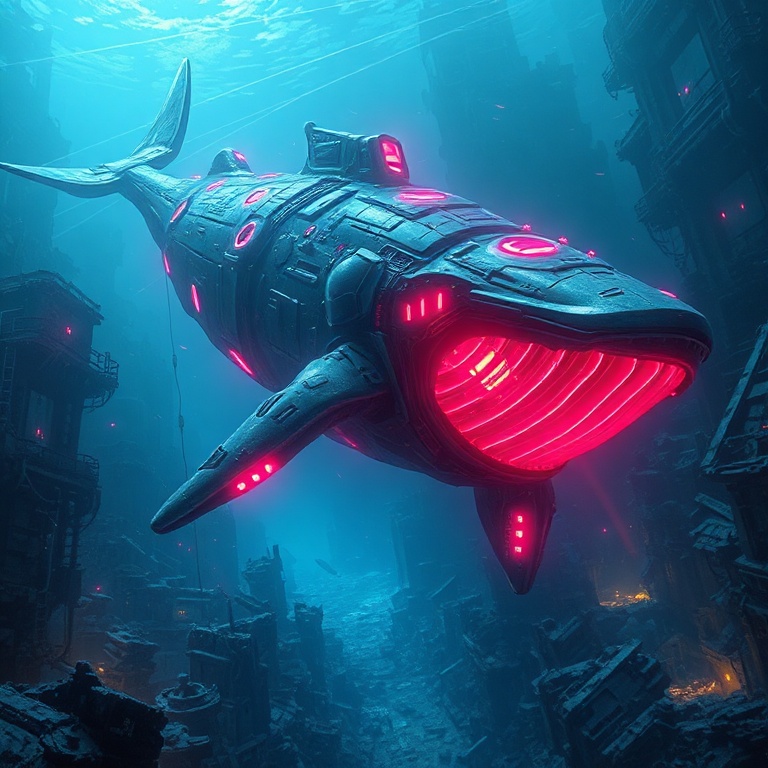 A colossal cybernetic whale glides through the abyssal depths, its biomechanical body illuminated by pulsating neon veins, casting eerie reflections on the surrounding ruins of a submerged city. Da...