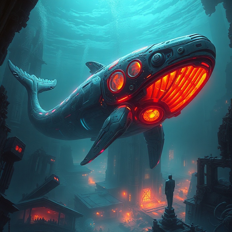 A colossal cybernetic whale glides through the abyssal depths, its biomechanical body illuminated by pulsating neon veins, casting eerie reflections on the surrounding ruins of a submerged city. Da...