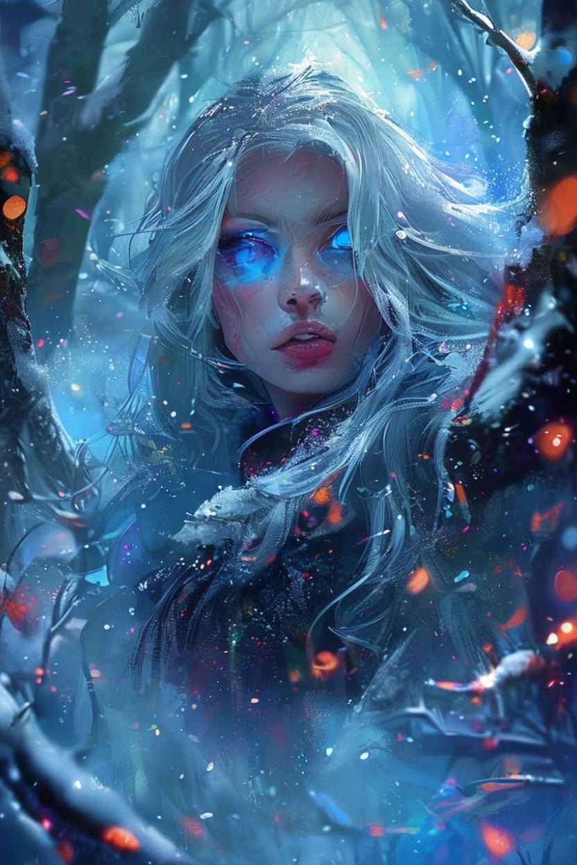 mystical young woman with silver hair and glowing blue eyes stands amidst an ancient, snow-laden forest