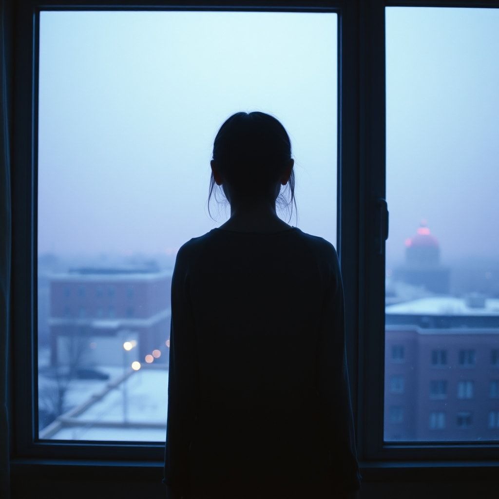 A girl stands inside a quiet room, facing away, looking out through a window. Outside, a foggy February winter unfolds — light snowfall drifts slowly through the air, and the sky glows with soft violet and muted purple tones. The city beyond the glass feels distant and blurred by mist. Cold winter light enters the room gently, casting subtle shadows. The atmosphere is calm, introspective, and emotional, capturing a moment of stillness and inner change. Cinematic composition, soft diffused lighting, shallow depth of field, cool color palette with violet accents, misty winter mood, realistic textures, gentle film grain, intimate and poetic atmosphere, like a scene from a quiet winter film.