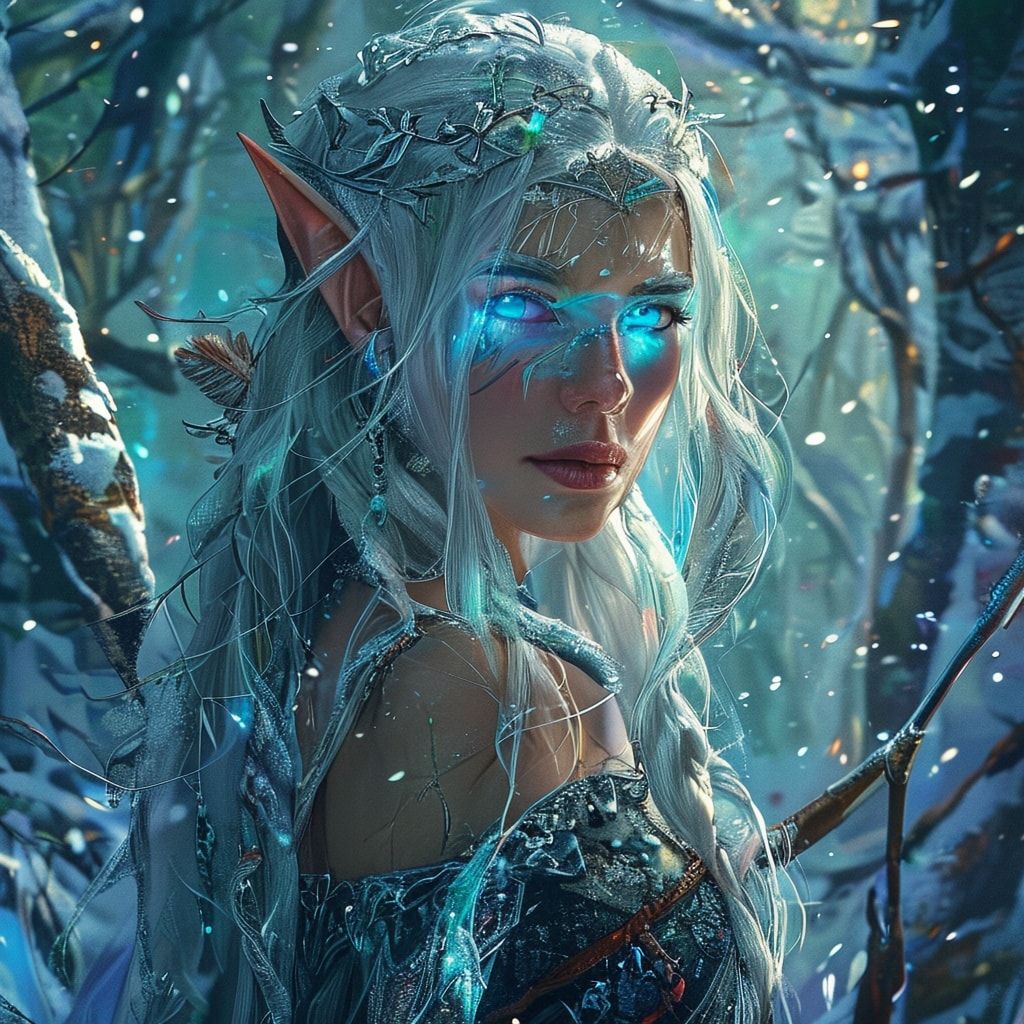 mystical young woman elf with silver hair and glowing blue eyes stands amidst an ancient, snow-laden forest, elven archer