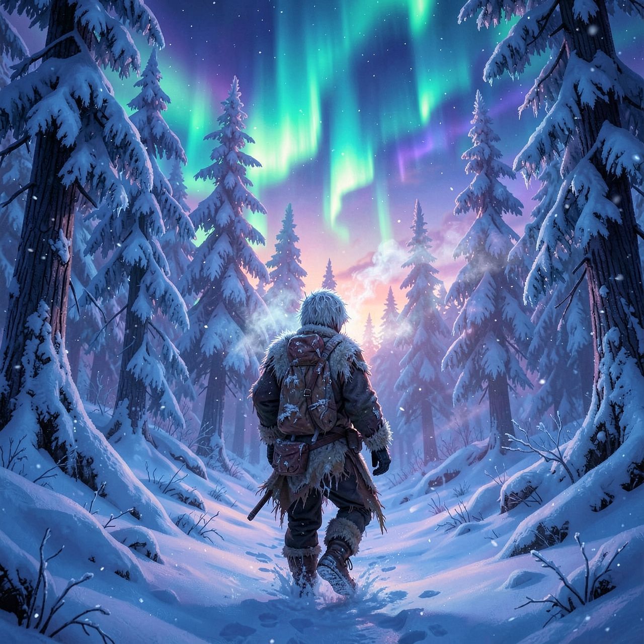 A lone frostbitten traveler in tattered furs trudges through a snow-laden forest at dusk, their breath visible in the crisp air, as ethereal auroras dance above towering ice-covered pines, casting ...