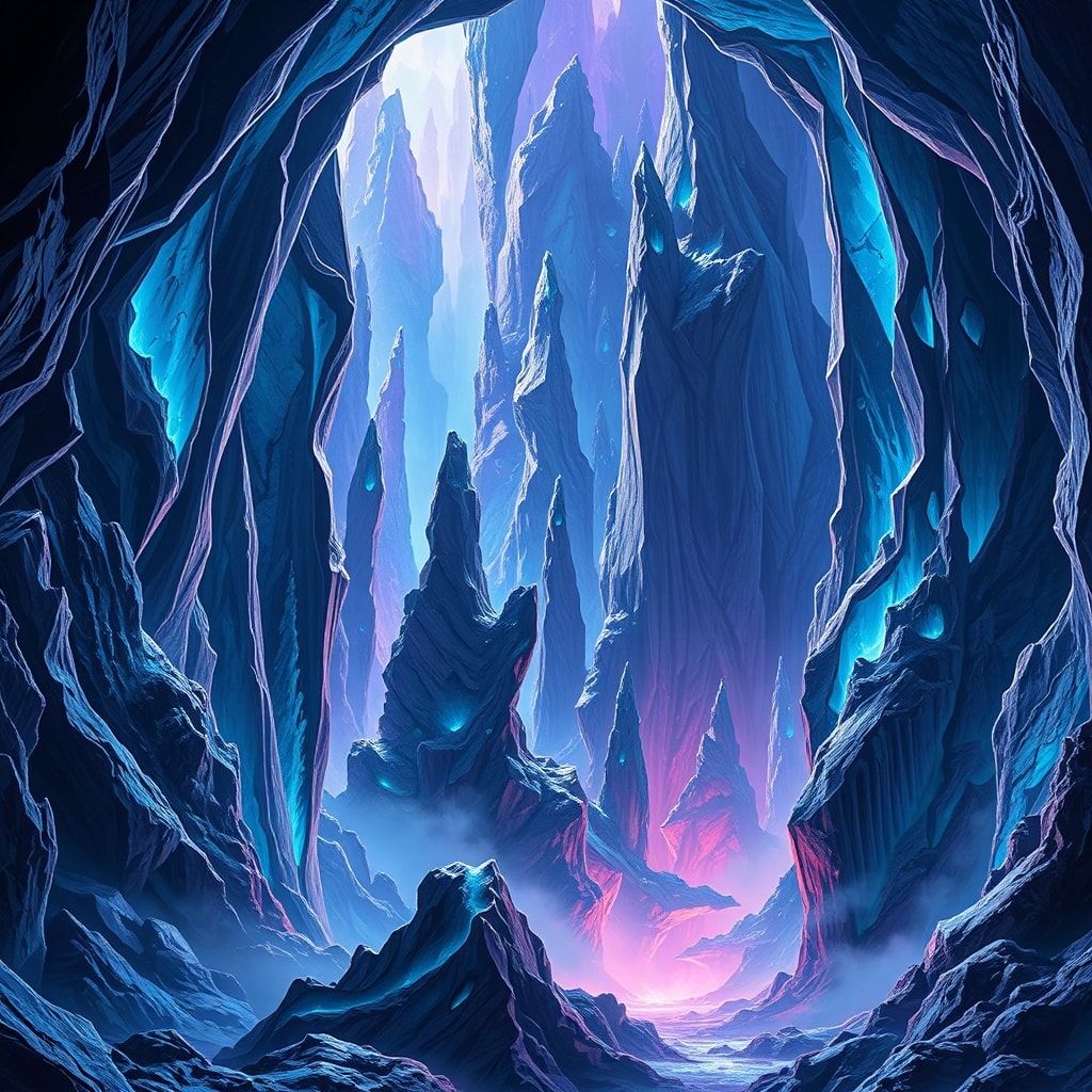 A surrealist crystal cave with towering, bioluminescent formations casting eerie blue and violet hues, impossible geometric angles defying gravity, dreamlike mist swirling between jagged spires, et...