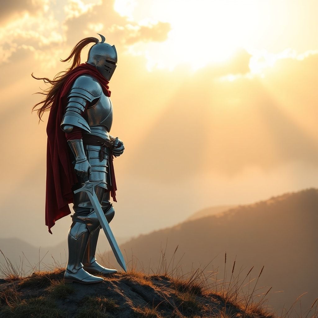 A lone knight in polished silver armor stands atop a misty hill at dawn, his sword gleaming as golden sunlight breaks through the clouds, casting long dramatic shadows. The wind rustles his crimson...