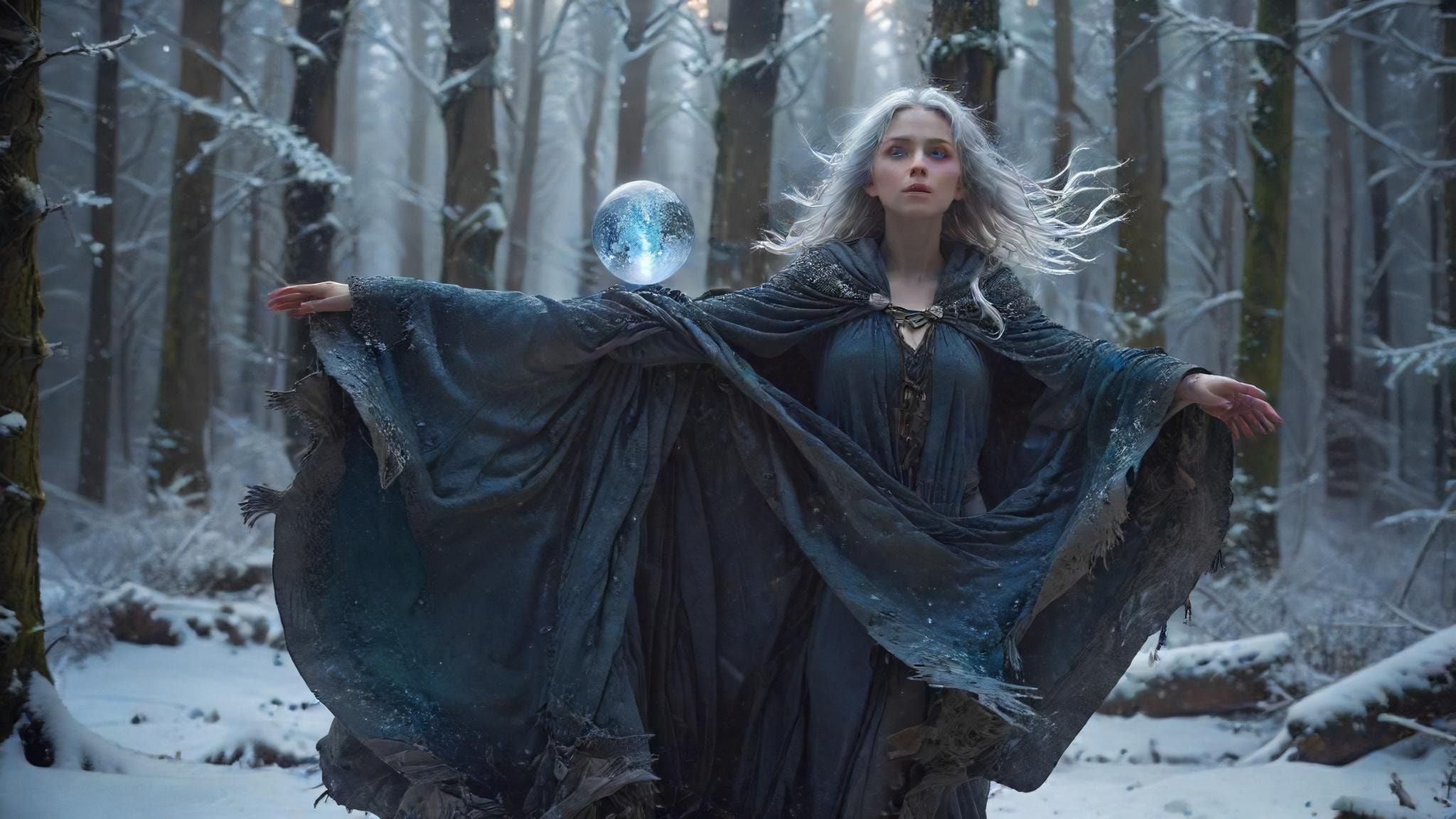A mystical young woman with silver hair and glowing blue eyes stands amidst an ancient, snow-laden forest, her tattered cloak billowing in the icy wind as she gazes at a floating orb of ethereal li...