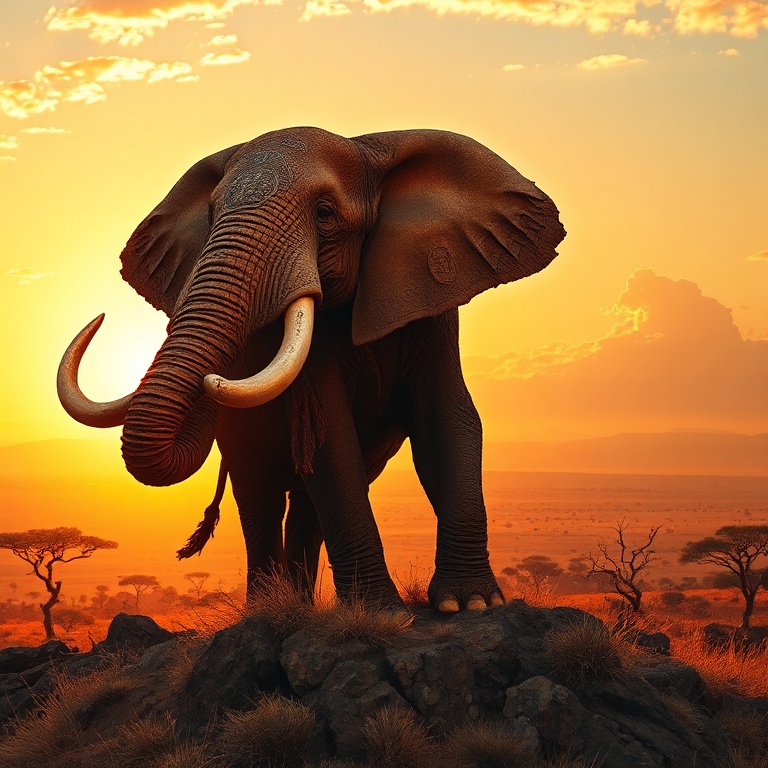A colossal, battle-scarred war elephant stands atop a sun-baked savanna ridge at golden hour, its ornate medieval armor gleaming in the fiery sunset, tusks carved with ancient runes, silhouetted ag...