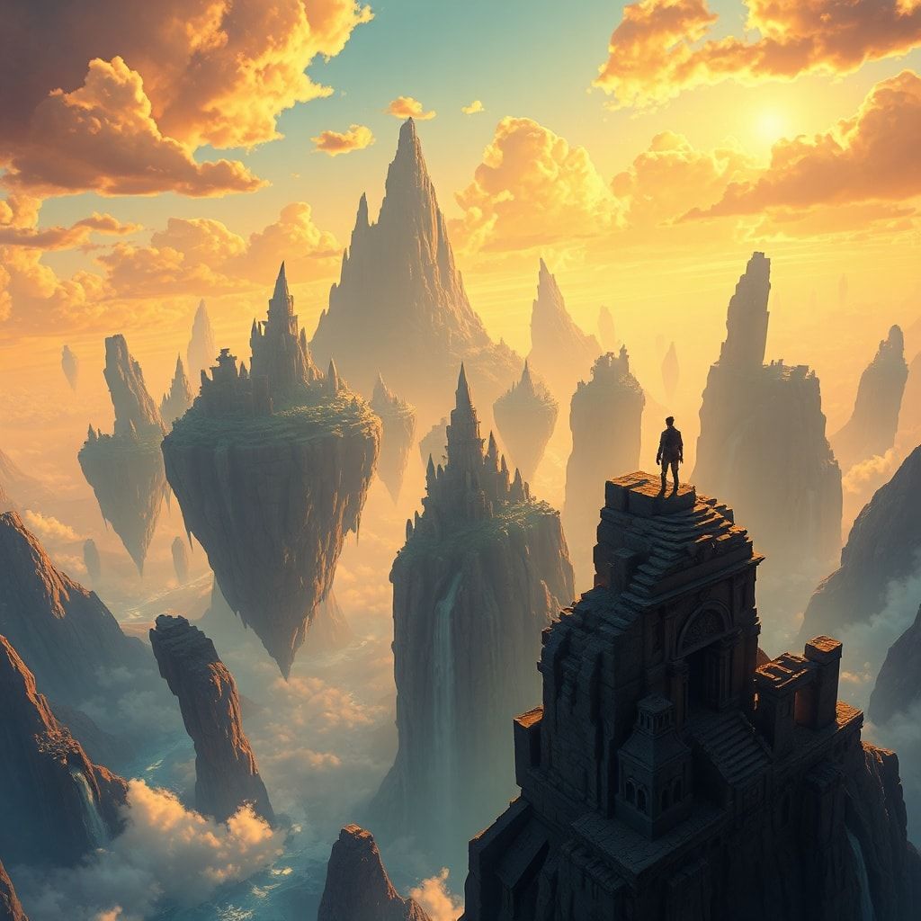 A vast expanse of floating islands drifts through a golden twilight sky, their jagged cliffs adorned with ancient ruins and cascading waterfalls. A lone adventurer stands atop the highest peak, sil...