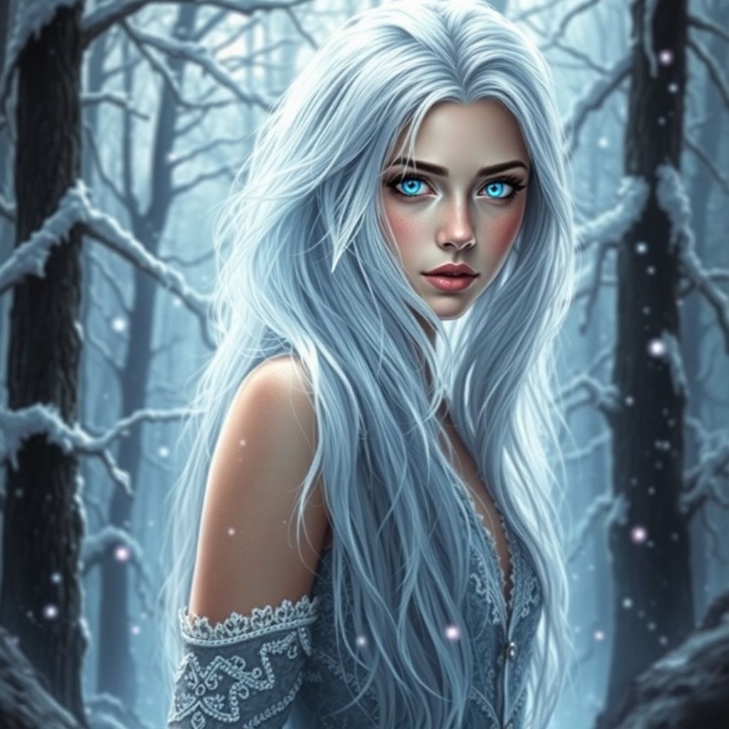 mystical young woman with silver hair and glowing blue eyes stands amidst an ancient, snow-laden forest