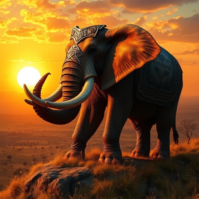 A colossal, battle-scarred war elephant stands atop a sun-baked savanna ridge at golden hour, its ornate medieval armor gleaming in the fiery sunset, tusks carved with ancient runes, silhouetted ag...