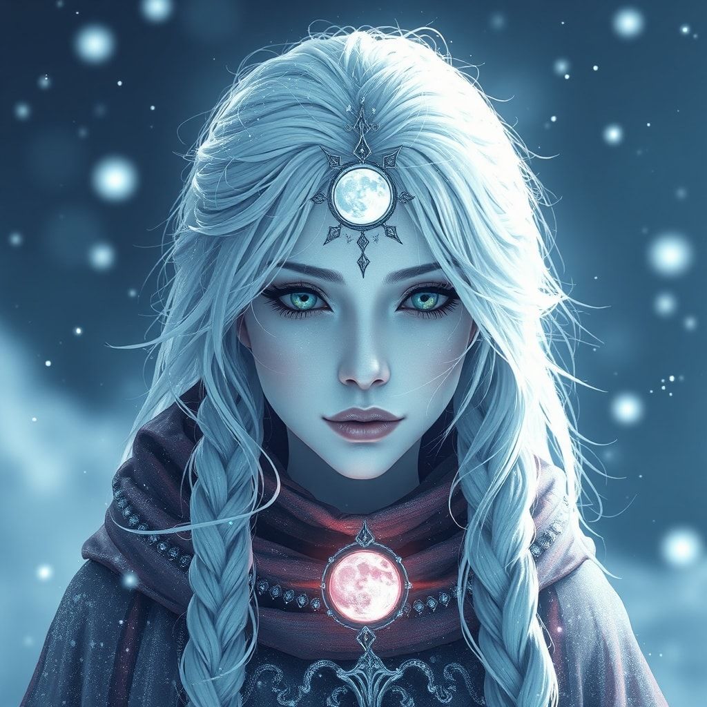 ethereal frozen oracle girl, pale icy skin, white-silver hair, luminous moon sigil, frost particles, cosmic silence, cinematic ultra-detailed
