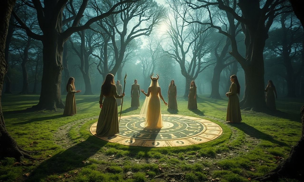 Cinematic elven magic circle ritual fantasy video, slow panning around a sacred grove where an elegant elven maiden and companions form a glowing magic circle, runes and wards rising in the air, gentle camera movements and smooth transitions, soft light particles and dome of protection, moonlight through ancient trees, ritual and protective atmosphere, fantasy aesthetic, peaceful and mystical mood, high quality visual effects, dreamlike composition