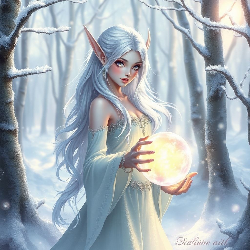 A delicate elven maiden with silver hair and luminous violet eyes stands poised in a frost-kissed enchanted forest, her breath visible in the crisp air as she gently cradles a glowing crystal orb. ...