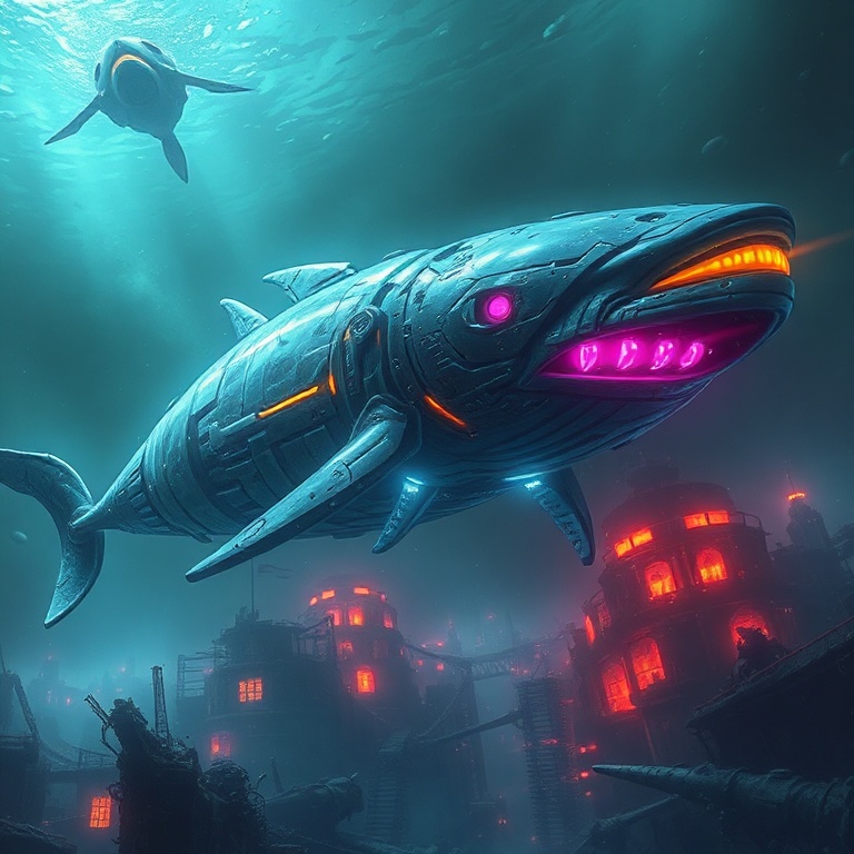 A colossal cybernetic whale glides through the abyssal depths, its biomechanical body illuminated by pulsating neon veins, casting eerie reflections on the surrounding ruins of a submerged city. Da...