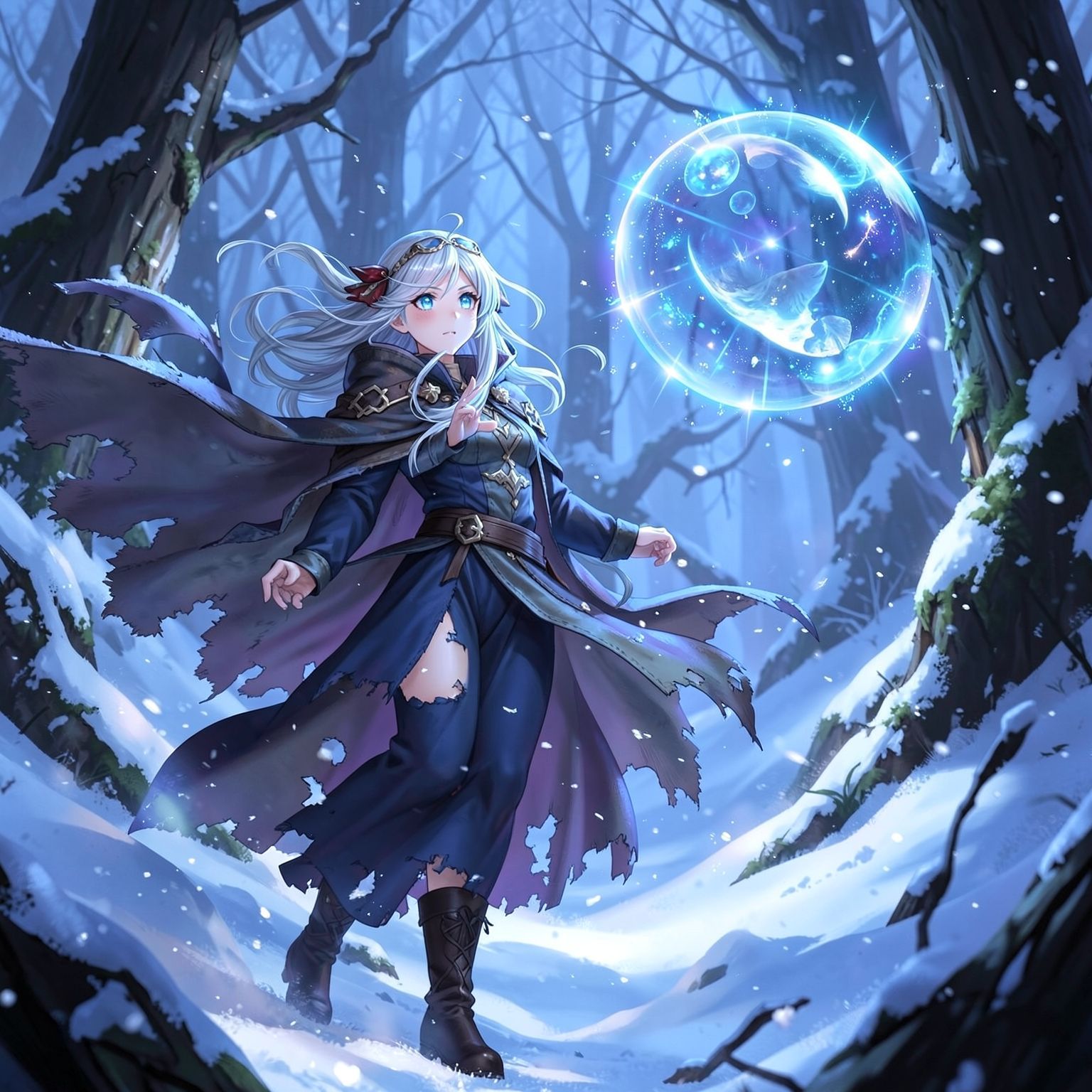 A mystical young woman with silver hair and glowing blue eyes stands amidst an ancient, snow-laden forest, her tattered cloak billowing in the icy wind as she gazes at a floating orb of ethereal li...