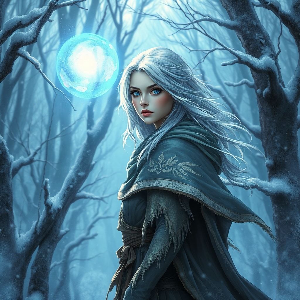 A mystical young woman with silver hair and glowing blue eyes stands amidst an ancient, snow-laden forest, her tattered cloak billowing in the icy wind as she gazes at a floating orb of ethereal li...