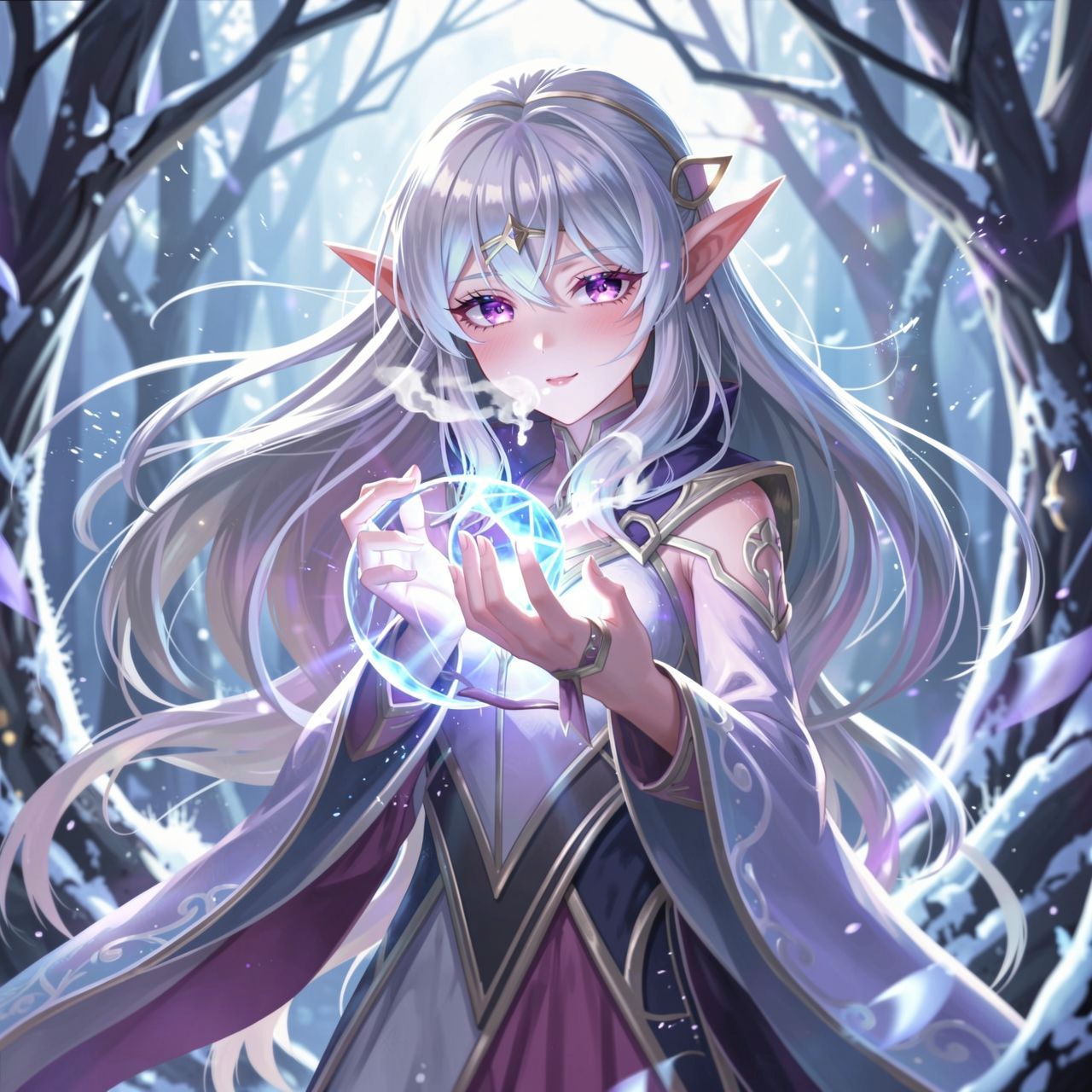 A delicate elven maiden with silver hair and luminous violet eyes stands poised in a frost-kissed enchanted forest, her breath visible in the crisp air as she gently cradles a glowing crystal orb. ...