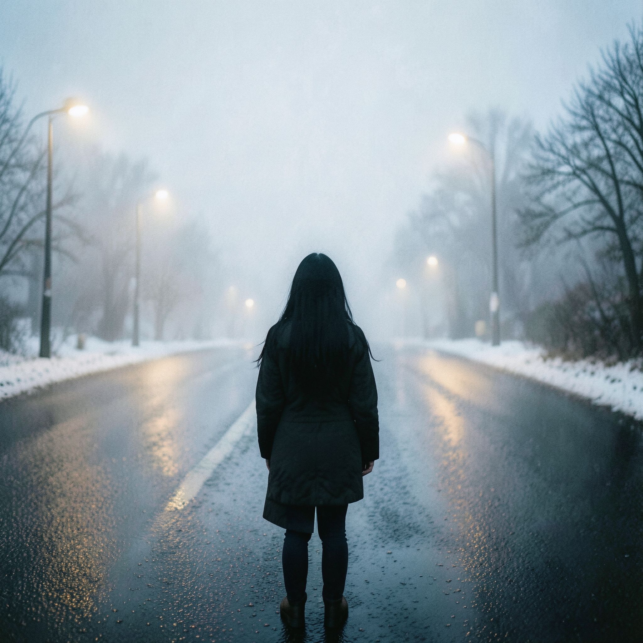 A girl with long black hair stands facing away, looking into the distance on a foggy road. The winter atmosphere feels cold and damp, like after a light rain. Thick February fog drifts across the empty road, reflecting soft, muted streetlight glow. The ground is slightly wet, adding subtle reflections. Pale blue and gray tones dominate the scene. The mood is quiet, melancholic, and cinematic, as if frozen in time. Cinematic composition, wide-angle shot, soft diffused lighting, shallow depth of field, realistic textures, gentle film grain, emotional winter atmosphere, like a scene from a slow, intimate film.
