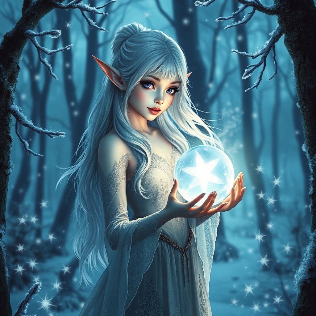 A delicate elven maiden with silver hair and luminous violet eyes stands poised in a frost-kissed enchanted forest, her breath visible in the crisp air as she gently cradles a glowing crystal orb. ...