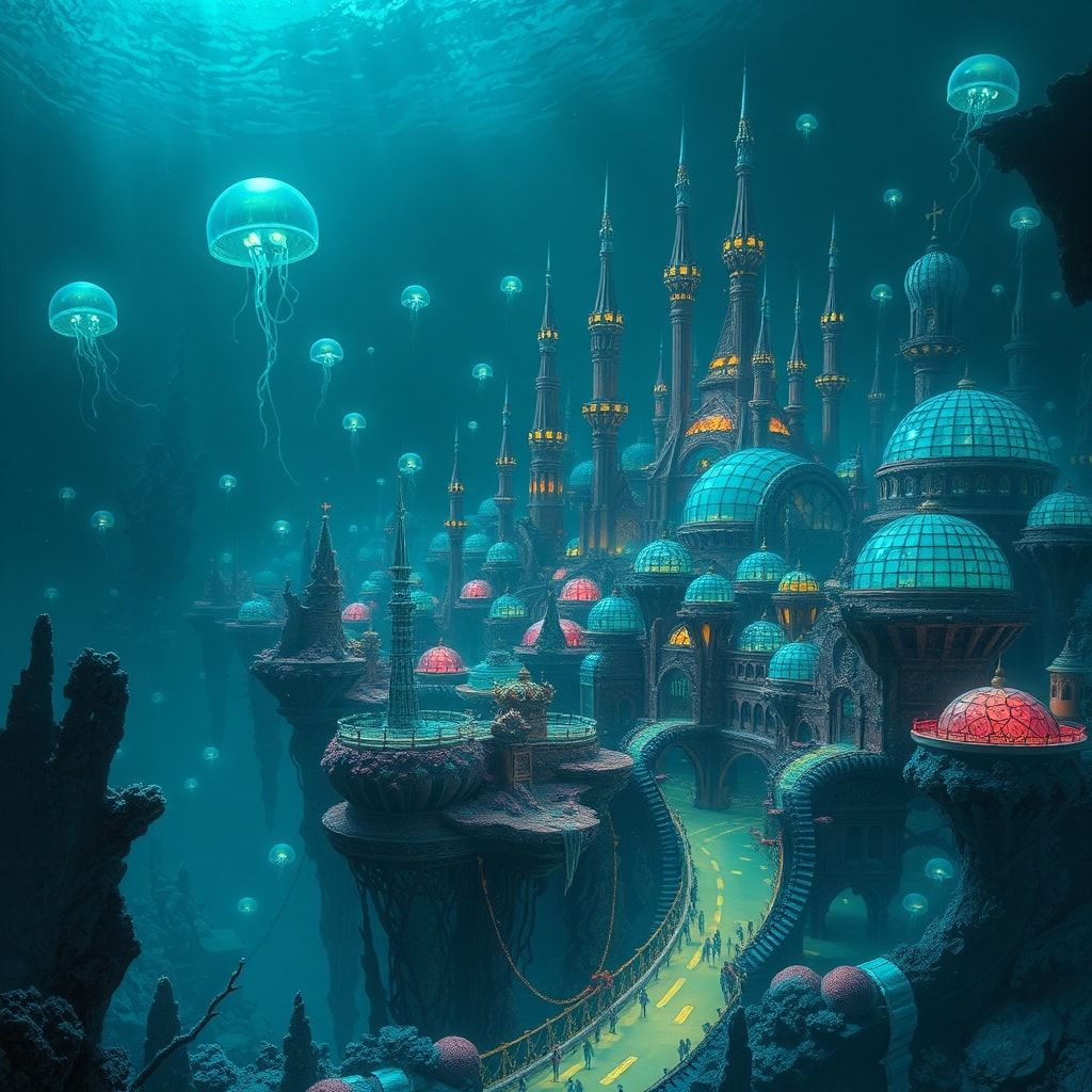 A sprawling underwater city of coral and glass domes, bathed in eerie bioluminescent light from glowing jellyfish and deep-sea creatures, with towering spires casting long shadows in the murky blue...