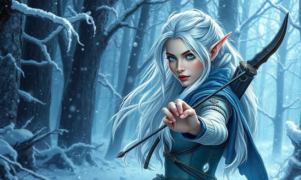 mystical young woman elf with silver hair and glowing blue eyes stands amidst an ancient, snow-laden forest, elven archer