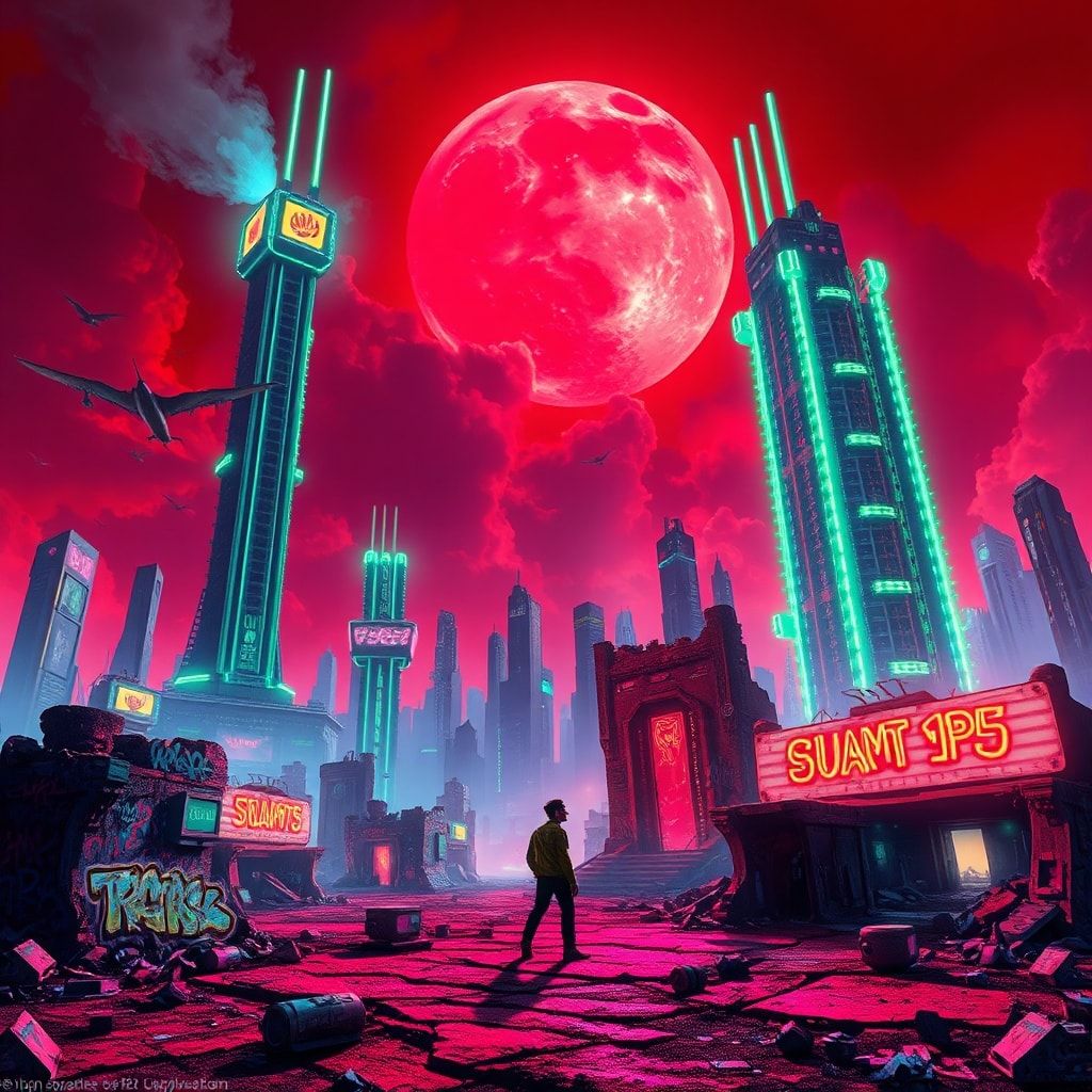 A vibrant, neon-lit wasteland under a blood-red sky, where skeletal skyscrapers glow with electric hues, graffiti-covered ruins pulse with psychedelic energy, and a lone figure in a retro-futuristi...