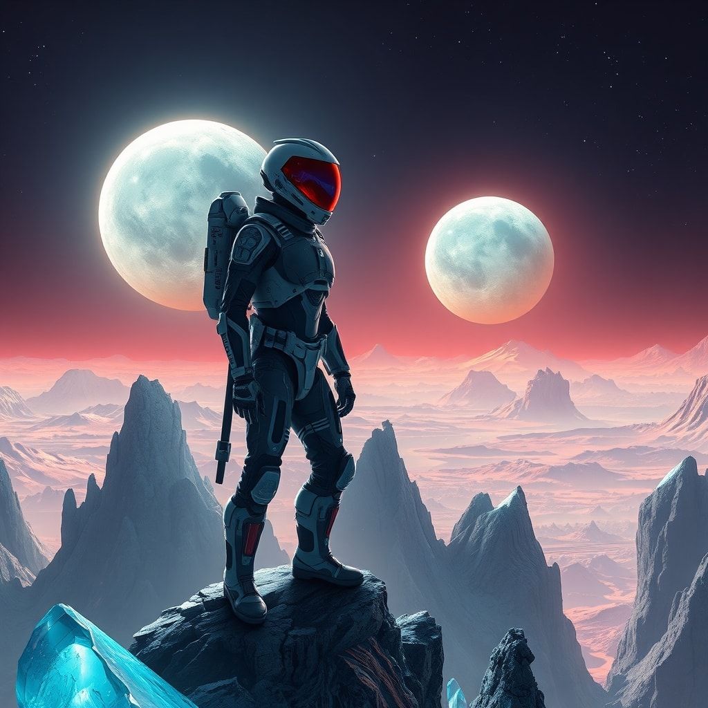 A lone space explorer in a high-tech exosuit stands atop a jagged crystalline ridge on an alien planet, bathed in the eerie glow of twin bioluminescent moons, their helmet visor reflecting the swir...