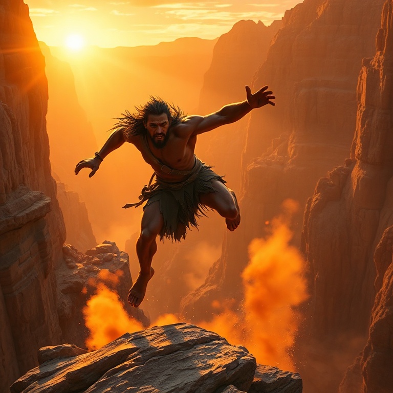 A powerfully sculpted, solitary Neanderthal warrior, dynamically leaping across a colossal, rust-colored canyon at sunset. Volumetric lighting casts dramatic golden rays, illuminating swirling dust...