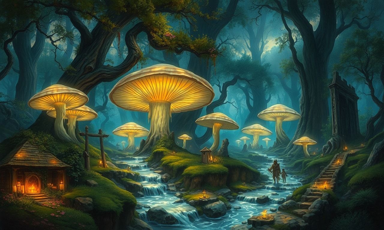 Ancient elven forest at twilight, giant glowing mushrooms, silver streams, moss-covered ruins, soft magical light, detailed fantasy art, painterly style