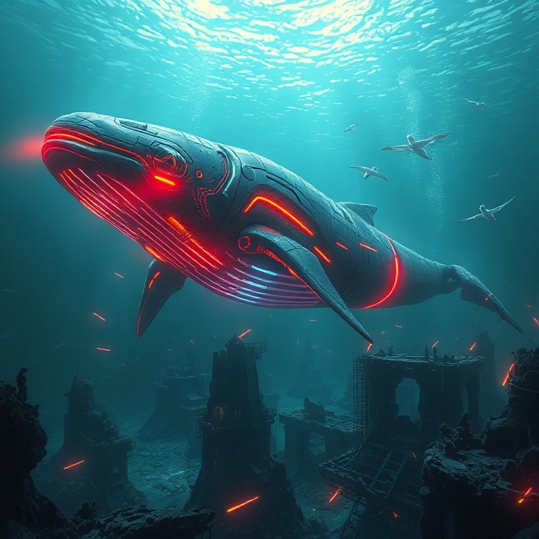 A colossal cybernetic whale glides through the abyssal depths, its biomechanical body illuminated by pulsating neon veins, casting eerie reflections on the surrounding ruins of a submerged city. Da...